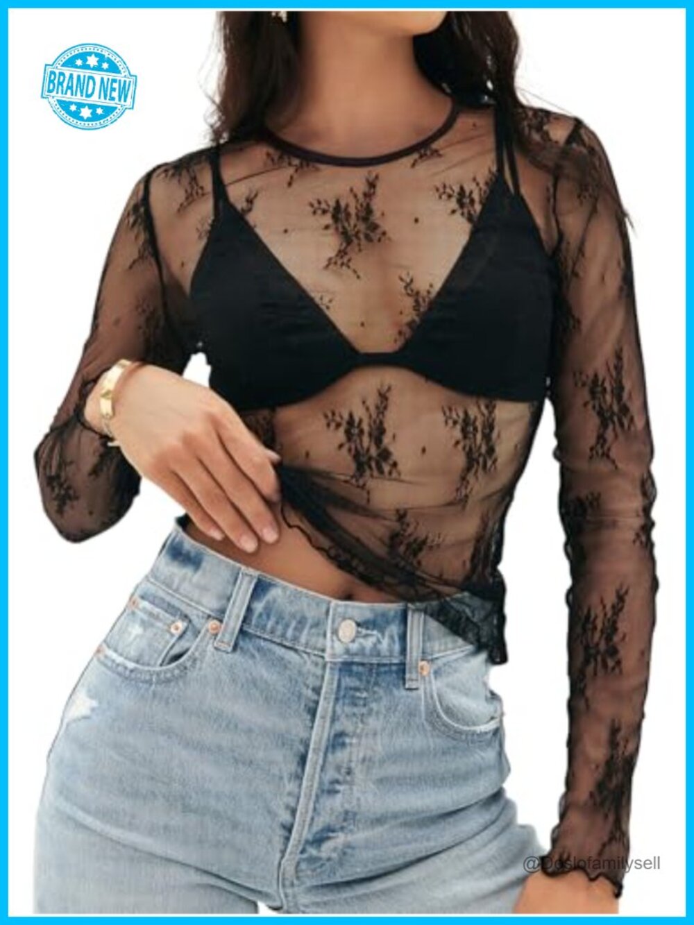 Lace Mesh Sheer Long Sleeve Crew Neck Blouse Ruffle Hem Top